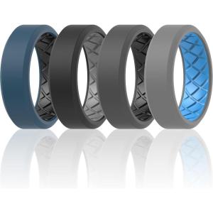 imageThunderFit Men Silicone Wedding Rings Breathable Pattern Engagement Bands 8mm Wide 22mm Thick  147 Variety MultipackPack E GreyBlack  BlackDark Blue  BlackGrey  Sky BlueGrey