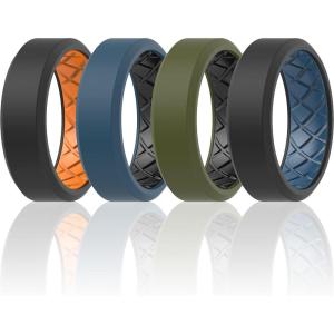 imageThunderFit Men Silicone Wedding Rings Breathable Pattern Engagement Bands 8mm Wide 22mm Thick  147 Variety MultipackPack G Dark BlueBlack  BlackOlive Green  OrangeBlack  BlackDark Blue
