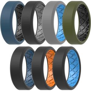 imageThunderFit Men Silicone Wedding Rings Breathable Pattern Engagement Bands 8mm Wide 22mm Thick  147 Variety MultipackPack J Sky BlueBlack  GreyBlack  BlackDark Blue  OrangeBlack  BlackOlive Green  Dark BlueBlack  Sky BlueGrey