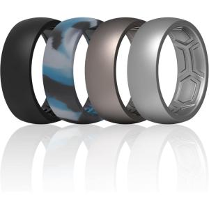 imageThunderFit Silicone Rings for Men Breathable Patterned Design Rubber Wedding Engagement Bands 87mm Wide 22mm Thick  147 Variety MultipackPack B Charcoal Black  Brass Grey  Blue Camo  Grey Silver