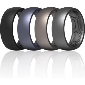 imageThunderFit Silicone Rings for Men Breathable Patterned Design Rubber Wedding Engagement Bands 87mm Wide 22mm Thick  147 Variety MultipackPack C Charcoal Black  Dark Silver  Metallic Blue  Metallic Platinum