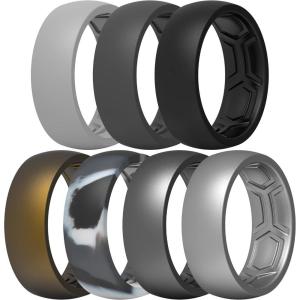 imageThunderFit Silicone Rings for Men Breathable Patterned Design Rubber Wedding Engagement Bands 87mm Wide 22mm Thick  147 Variety MultipackPack E Charcoal Black  Iron Grey  Lead Grey  Grey Camo  Metallic Bronze  Dark Silver  Grey Silver