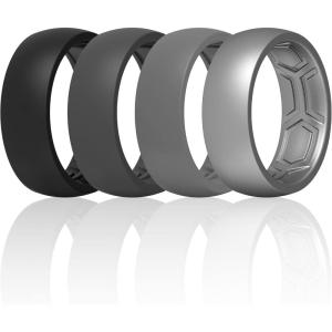 imageThunderFit Silicone Rings for Men Breathable Patterned Design Rubber Wedding Engagement Bands 87mm Wide 22mm Thick  147 Variety MultipackPack F Charcoal Black  Iron Grey  Lead Grey  Grey Silver