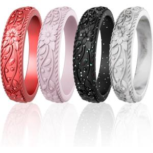 imageThunderFit Silicone Rings for Women Rubber Engagement Wedding Bands Vine Design 55mm Wide 2mm Thick  468 Variety MultipackPack A Metallic Red B  Light Pink D  Black  Teal Glitter  Marble C