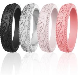 imageThunderFit Silicone Rings for Women Rubber Engagement Wedding Bands Vine Design 55mm Wide 2mm Thick  468 Variety MultipackPack C Black  Marble C  Light Pink G  Light Red H