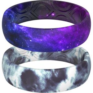 imageThunderFit Silicone Wedding Bands for Women Breathable Printed Design 56mm Wide 18mm Thick  12 Variety MultipackPack E Blue Tie Dye  Galaxy Pattern