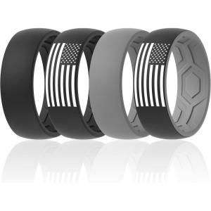 imageThunderFit Silicone Wedding Rings for Men 2 Layers Top Design Bands 85mm Wide 25mm Thick  14812 Variety MultipackPack C Grey CBlack With Flag  BlackBlack With Flag  Grey AGrey A  BlackBlack