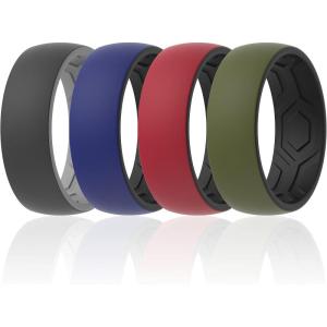 imageThunderFit Silicone Wedding Rings for Men 2 Layers Top Design Bands 85mm Wide 25mm Thick  14812 Variety MultipackPack E Grey CVery Dark Grey A  BlackDark Blue B  BlackDark Red B  BlackOlive Green