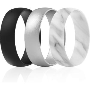 imageThunderFit Unisex Silicone Wedding Rings Rubber Engagement Bands 6mm Wide 165mm Thick  1234567 Variety MultipackPack V Black  Silver  Marble