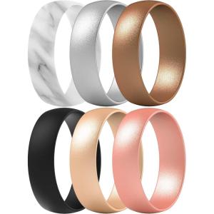 imageThunderFit Unisex Silicone Wedding Rings Rubber Engagement Bands 6mm Wide 165mm Thick  1234567 Variety MultipackPack X Bronze  Rose Gold  Light Rose Gold  Marble  Silver  Black