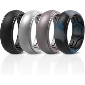 imageThunderFit Silicone Rings for Men Breathable Edition Step Edge Rubber Engagement Bands 84mm Wide 22mm Thick  147 Variety MultipackPack C Charcoal Black  Brass Grey  Blue Camo  Grey Silver