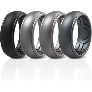 imageThunderFit Silicone Rings for Men Breathable Edition Step Edge Rubber Engagement Bands 84mm Wide 22mm Thick  147 Variety MultipackPack D Charcoal Black  Dark Silver  Metallic Blue  Metallic Platinum