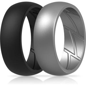 imageThunderFit Silicone Wedding Rings for Men Breathable Edition Rubber Engagement Bands Airflow Inner Grooves 85mm Wide 25mm Thick  1234567 Variety MultipackPack T Charcoal Black  Silver Grey