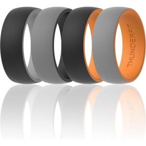 imageThunderFit Silicone Wedding Rings for Men 2 Layers Round Rubber Engagement Bands 87mm Wide 2mm Thick  14710 Variety MultipackPack D BlackOrange  BlackGrey  DarkGreyOrange  DarkGreyBlack