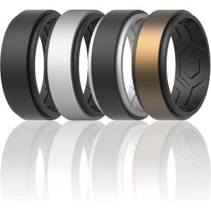 imageThunderFit Silicone Wedding Rings for Men Breathable Step Edge 2 Layers 10mm Wide 23mm Thick  147 Variety MultipackPack A BlackBlack  BlackSilver C  Silver CBlack  BlackBronze B