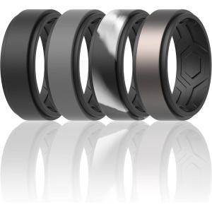 imageThunderFit Silicone Wedding Rings for Men Breathable Step Edge 2 Layers 10mm Wide 23mm Thick  147 Variety MultipackPack D Black  BlackDarkGrey  BlackGunmetal  BlackGreyCamo