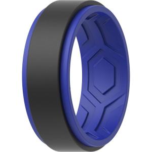 imageThunderFit Silicone Wedding Rings for Men Breathable Step Edge 2 Layers 10mm Wide 23mm Thick  147 Variety MultipackPack H DarkBlueBlack