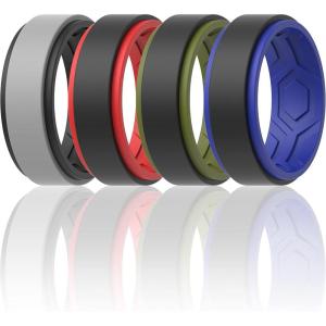 imageThunderFit Silicone Wedding Rings for Men Breathable Step Edge 2 Layers 10mm Wide 23mm Thick  147 Variety MultipackPack I DarkRedBlack  DarkBlueBlack  OliveGreenBlack  BlackGrey