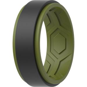 imageThunderFit Silicone Wedding Rings for Men Breathable Step Edge 2 Layers 10mm Wide 23mm Thick  147 Variety MultipackPack K OliveGreenBlack