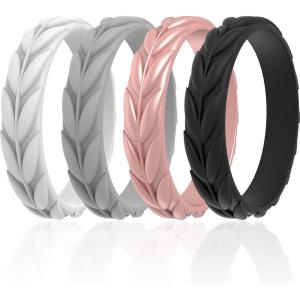 imageThunderFit Silicone Wedding Rings for Women Leaf Design Rubber Engagement Bands 52mm Wide 2mm Thick  147 Variety MultipackPack F White  Black  Rose Gold  Gray