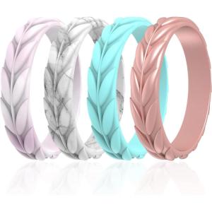 imageThunderFit Silicone Wedding Rings for Women Leaf Design Rubber Engagement Bands 52mm Wide 2mm Thick  147 Variety MultipackPack G Marble  Light Rose  Rose Gold  Aqua Green