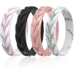 imageThunderFit Silicone Wedding Rings for Women Leaf Design Rubber Engagement Bands 52mm Wide 2mm Thick  147 Variety MultipackPack H Black  Marble  Light Rose  Rose Gold