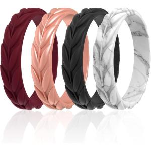 imageThunderFit Silicone Wedding Rings for Women Leaf Design Rubber Engagement Bands 52mm Wide 2mm Thick  147 Variety MultipackPack I Dark Red  Rose Gold  Black  Marble