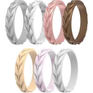 imageThunderFit Silicone Wedding Rings for Women Leaf Design Rubber Engagement Bands 52mm Wide 2mm Thick  147 Variety MultipackPack J Rose Gold  White  Bronze  White Marble  Silver  Pink Marble  Peach