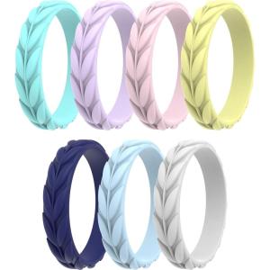 imageThunderFit Silicone Wedding Rings for Women Leaf Design Rubber Engagement Bands 52mm Wide 2mm Thick  147 Variety MultipackPack K Purple  Teal  Yellow  Baby Pink  Baby Blue  Blue  White