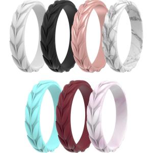 imageThunderFit Silicone Wedding Rings for Women Leaf Design Rubber Engagement Bands 52mm Wide 2mm Thick  147 Variety MultipackPack L Rose Gold  Pink Marble  White Marble  Pink  Teal  Black  White