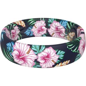 imageThunderFit Silicone Wedding Rings for Women Printed Design Breathable Rubber Engagement Bands 55mm Wide 18mm Thick MXPack R Hawaiian Floral