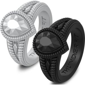 imageThunderFit Silicone Rings for Women Pear Rubber Engagement Wedding Bands 135mm Wide 55mm Thick  12 Variety MultipackPack C Black  Silver