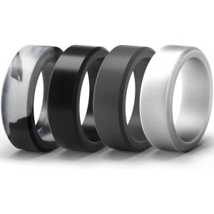 imageThunderFit Silicone Rings for Men Flat Top Angled Edge Rubber Wedding Bands 98mm Wide 2mm Thick  147 Variety MultipackPack K Black  Grey B  Silver  Grey Camo