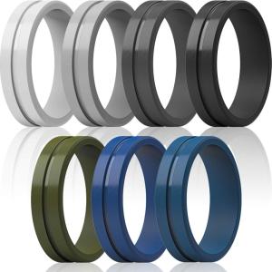 imageThunderFit Silicone Wedding Rings For Men Beveled Brushed Top Edges 635mm Wide 2mm Thick  147 Variety MultipackPack H Black  Grey  Dark Grey  Pure White  Navy Blue  Midnight Blue  Olive Green