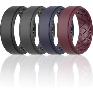 imageThunderFit Silicone Wedding Rings for Men Airflow Criss Cross Pattern 8mm Wide 2mm Thick  147 Variety MultipackPack E Black  Dark Grey  Dark Blue  Dark Red