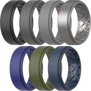 imageThunderFit Silicone Wedding Rings for Men Airflow Criss Cross Pattern 8mm Wide 2mm Thick  147 Variety MultipackPack G Grey A  Grey B  Dark Blue D  GunMetal   Dark Blue B  Olive Green  Black