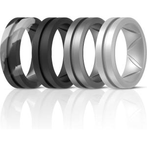 imageThunderFit Silicone Wedding Rings for Men Breathable Brushed Top Middle Engraved Line Rubber Engagement Bands 82mm Wide 25mm Thick  1467 Variety MultipackPack D Charcoal Black  Dark Silver  Grey Silver  Black Marble