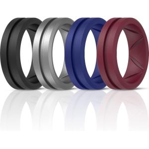 imageThunderFit Silicone Wedding Rings for Men Breathable Brushed Top Middle Engraved Line Rubber Engagement Bands 82mm Wide 25mm Thick  1467 Variety MultipackPack E Charcoal Black  Metallic Grey  Ocean Blue  Maroon Red
