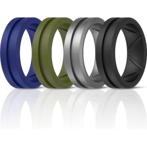 imageThunderFit Silicone Wedding Rings for Men Breathable Brushed Top Middle Engraved Line Rubber Engagement Bands 82mm Wide 25mm Thick  1467 Variety MultipackPack G Charcoal Black  Dark Silver  Ocean Blue  Olive Green