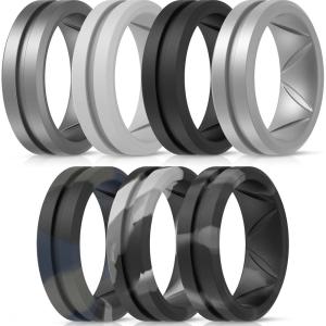 imageThunderFit Silicone Wedding Rings for Men Breathable Brushed Top Middle Engraved Line Rubber Engagement Bands 82mm Wide 25mm Thick  1467 Variety MultipackPack B Charcoal Black  Dark Silver  Blue Camo  Black Marble  Grey Silver  Smokey Grey  Grey Camo