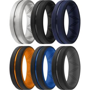 imageThunderFit Silicone Wedding Rings for Men Breathable Brushed Top Middle Engraved Line Rubber Engagement Bands 82mm Wide 25mm Thick  1467 Variety MultipackPack A Charcoal Black  Grey Silver  Ocean Blue  Charcoal BlackSunset Orange  Charcoal BlackBlue Line  Charcoal BlackSmokey Grey
