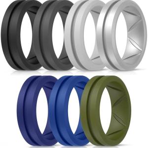 imageThunderFit Silicone Wedding Rings for Men Breathable Brushed Top Middle Engraved Line Rubber Engagement Bands 82mm Wide 25mm Thick  1467 Variety MultipackPack C Charcoal Black  Iron Grey  Olive Green  Grey Silver  Ocean Blue  Smokey Grey  Cobalt Blue