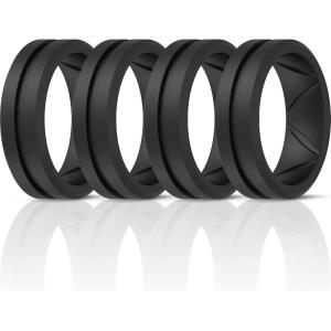 imageThunderFit Silicone Wedding Rings for Men Breathable Brushed Top Middle Engraved Line Rubber Engagement Bands 82mm Wide 25mm Thick  1467 Variety MultipackPack F 4 Black Rings