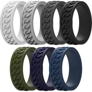 imageThunderFit Silicone Wedding Rings for Men Chain Design Rubber Engagement Bands 7mm Wide 2mm Thick  147 Variety MultipackPack E Dark Grey  Light Grey  White  Black  Dark Teal  Dark Blue  Dark Olive Green