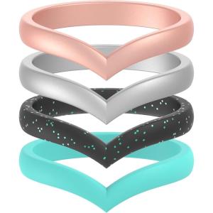 imageThunderFit Thin Heart Shaped Silicone Wedding Rings for Women Stackable Rubber Engagement Bands 27mm Wide 2mm Thick  148 Variety MultipackPack F Black Teal Glitter  Rose Gold  Silver  Teal