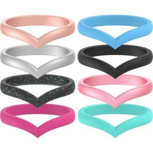imageThunderFit Thin Heart Shaped Silicone Wedding Rings for Women Stackable Rubber Engagement Bands 27mm Wide 2mm Thick  148 Variety MultipackPack J Black  Silver  Teal  Rose Gold  Rose Pink  Black Teal Glitter  Metallic Pink  Light Blue