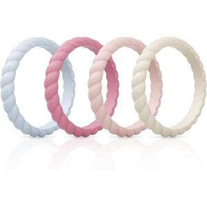 imageThunderFit Womens Thin Swivel Silicone Wedding Bands Stackable Rubber Engagement Rings 25mm Wide 2mm Thick  1481012 Variety MultipackPack C Light Blue  Faint Red  Pink Sand  Rice White