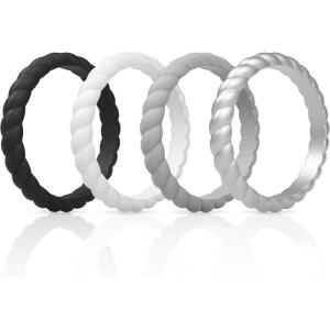 imageThunderFit Womens Thin Swivel Silicone Wedding Bands Stackable Rubber Engagement Rings 25mm Wide 2mm Thick  1481012 Variety MultipackPack E Grey  Silver  White  Black