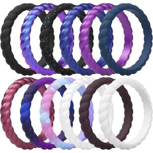 imageThunderFit Womens Thin Swivel Silicone Wedding Bands Stackable Rubber Engagement Rings 25mm Wide 2mm Thick  1481012 Variety MultipackPack I Black  Galaxy  Black  Teal Glitter  Midnight Navy Metallic  Boysenberry Metallic  Galaxy Printed  Watercolor Printed  Pearl  Velvet Violet Metallic  Maroon Banner  Sailor Blue  White