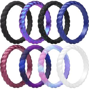imageThunderFit Womens Thin Swivel Silicone Wedding Bands Stackable Rubber Engagement Rings 25mm Wide 2mm Thick  1481012 Variety MultipackPack P Black  Galaxy  Black  Teal Glitter  Midnight Navy  Boysenberry  Galaxy  Watercolor  Pearl
